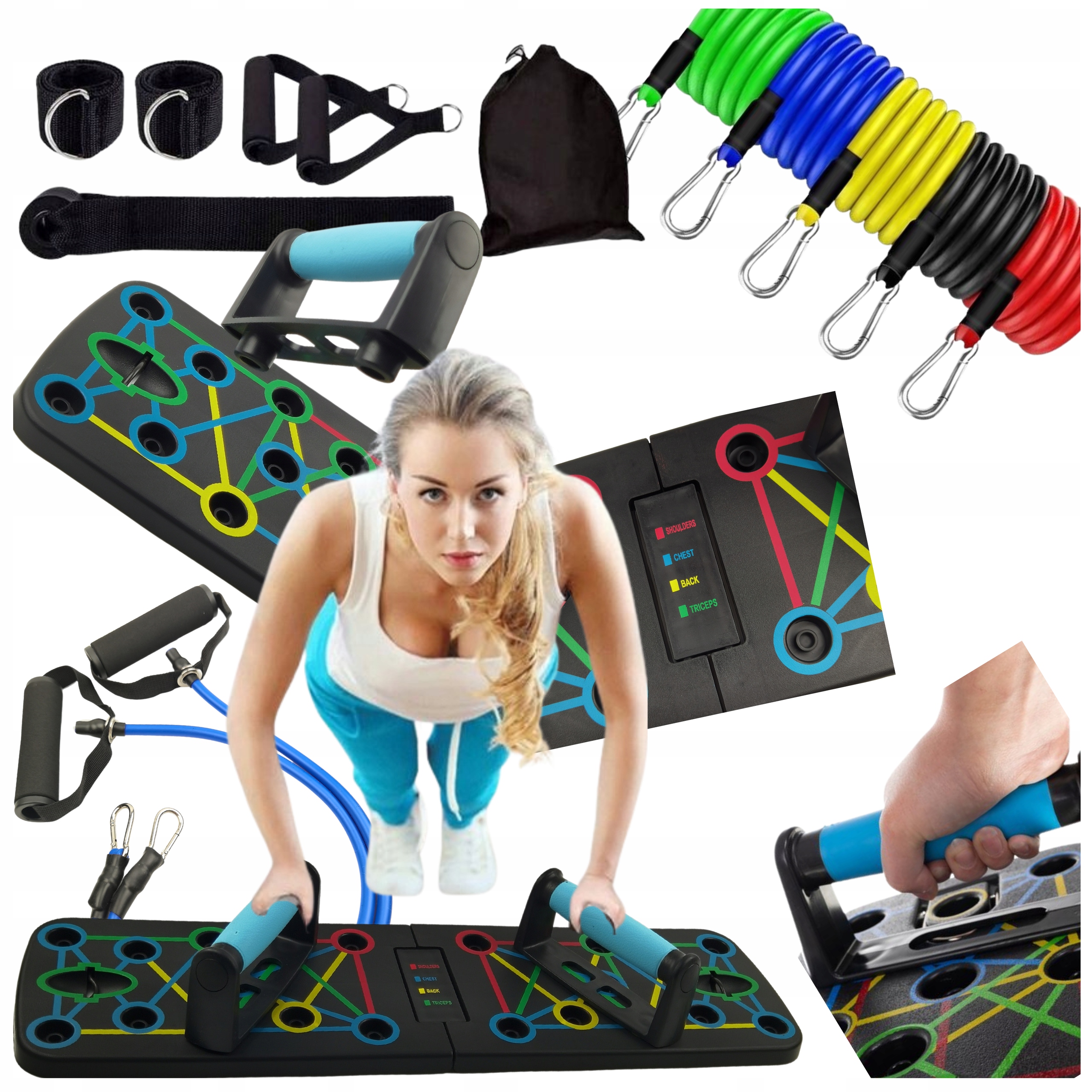 Uchwyty Deska Do Ćwiczenia Pompek Push Up 16w1 Gumy Oporowe Ekspander Set