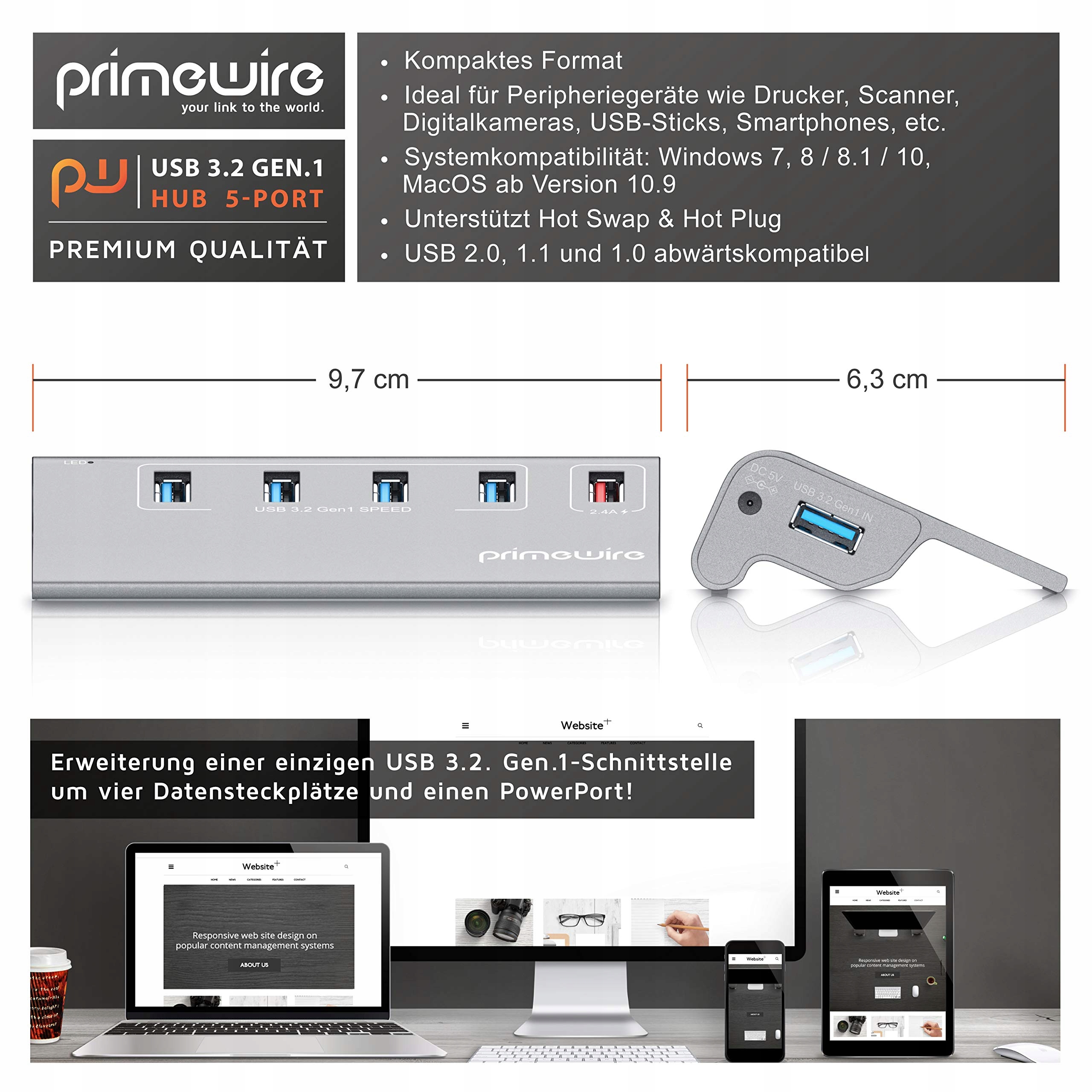 CSL 5 Portowy Hub USB 32 Aktywny Zasilacz Kabel USB MacBook Laptop — miniatura 2