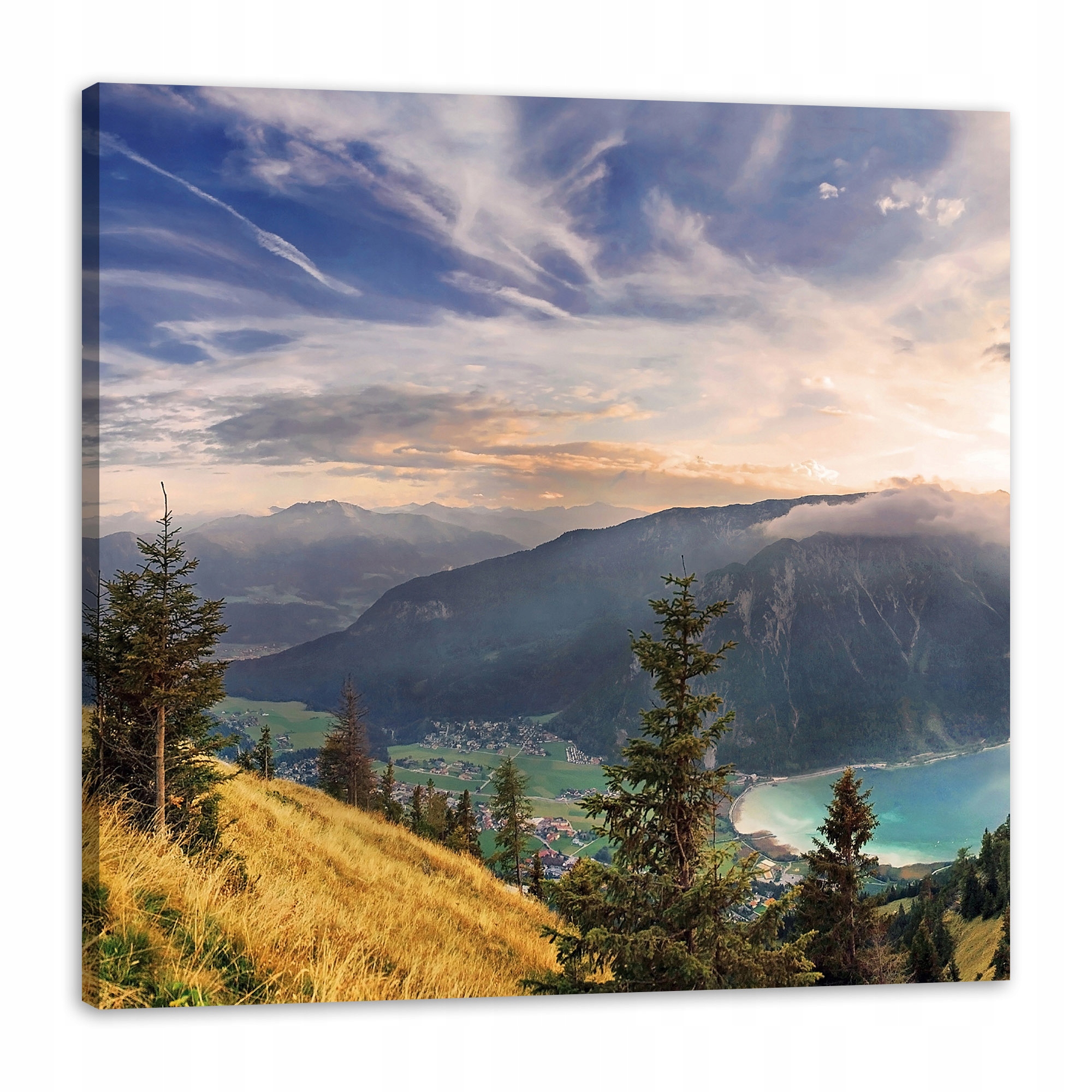 Obraz na plátně Slunce nad horami Mraky Vesnice 90x90 cm