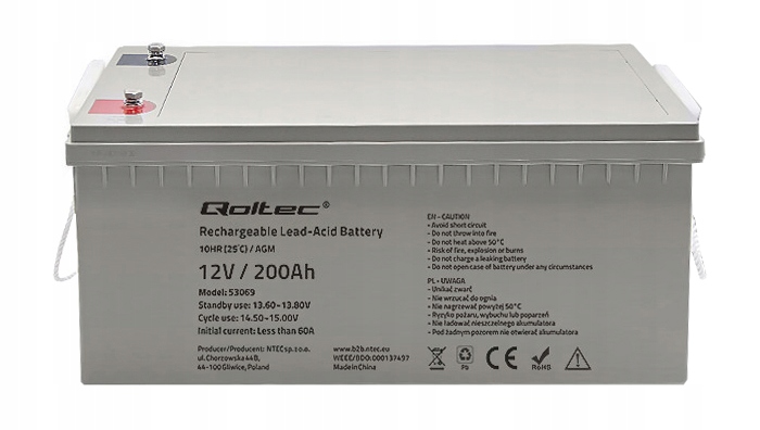 4X AKU. AGM QOLTEC 12V 200Ah ŁÓDŹ KAMPER DZIAŁKA SOLAR PRZETWORNICA UPS Kod producenta 53069