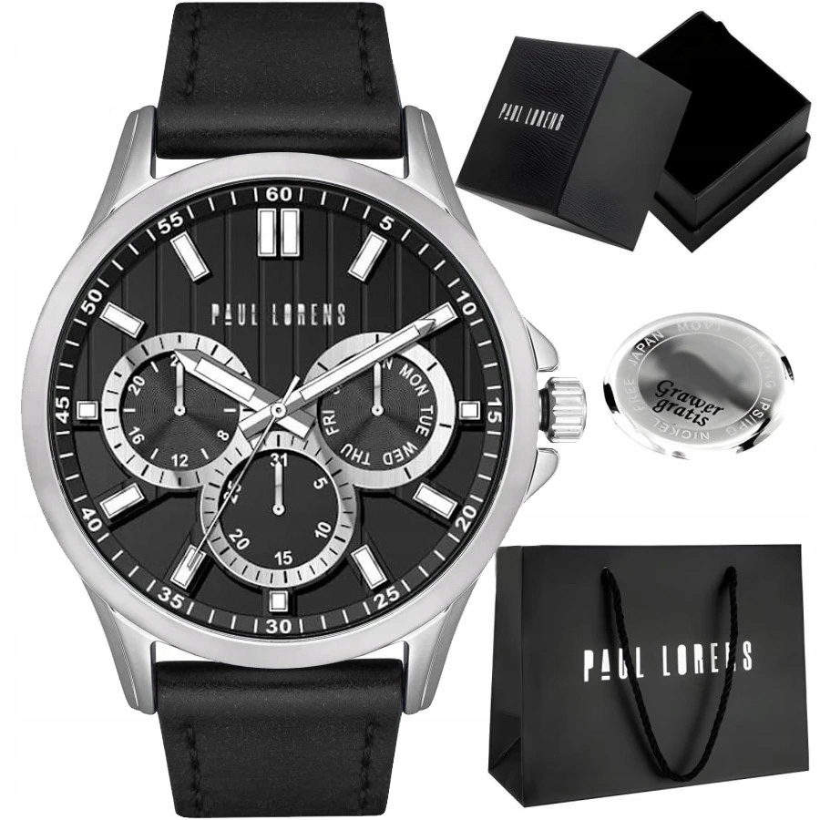 Zegarek męski Paul Lorens Shark skórzany multidatownik czas dobowy Grawer