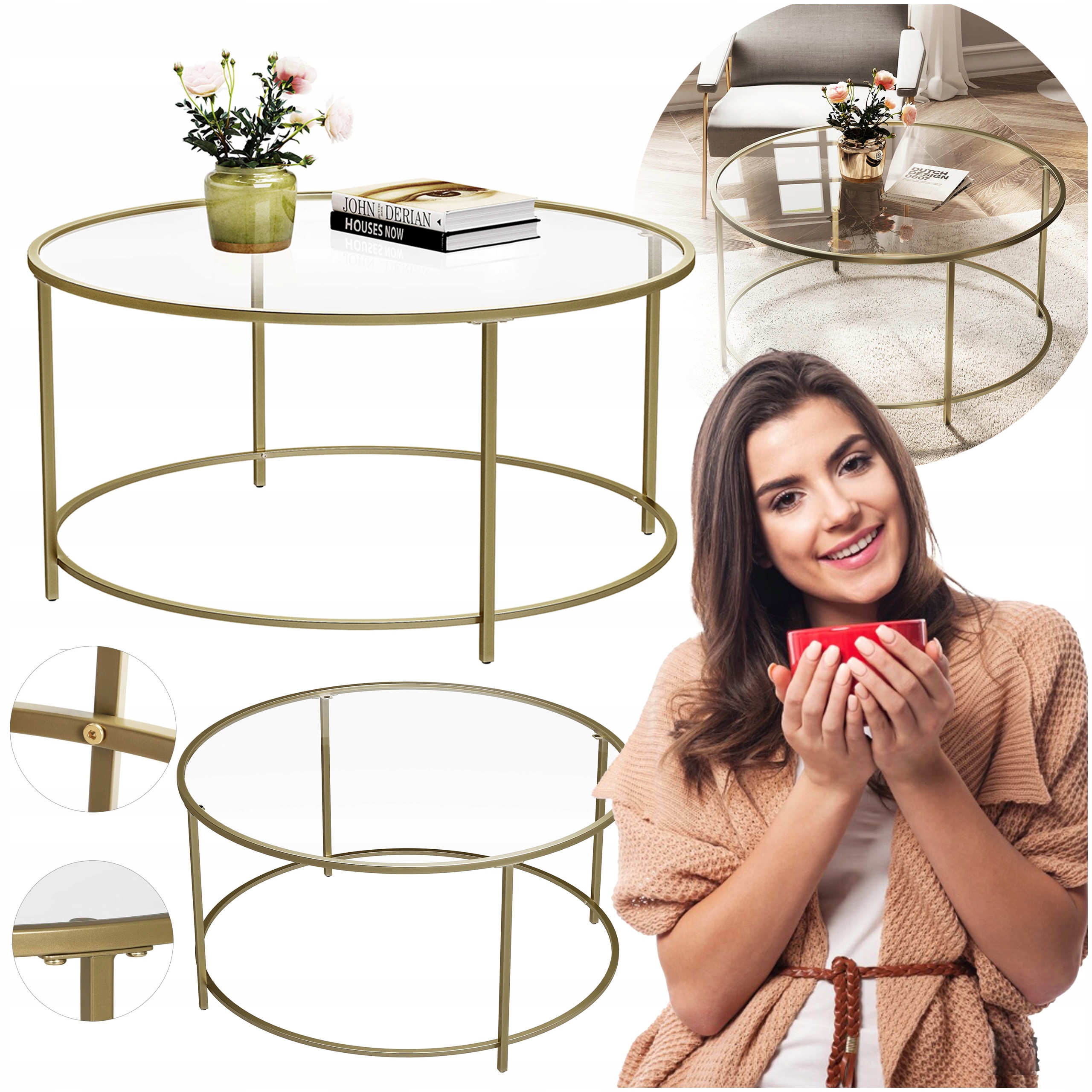 Konferenčný stolík okrúhly so sklenenou doskou Zlatý Tvrdené sklo Obývačka Terasa