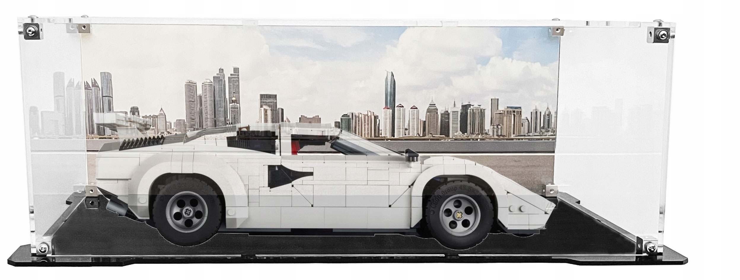 Vitrína s černou základnou a pozadím pro stavebnici Lego 10337 Lamborghini Countach