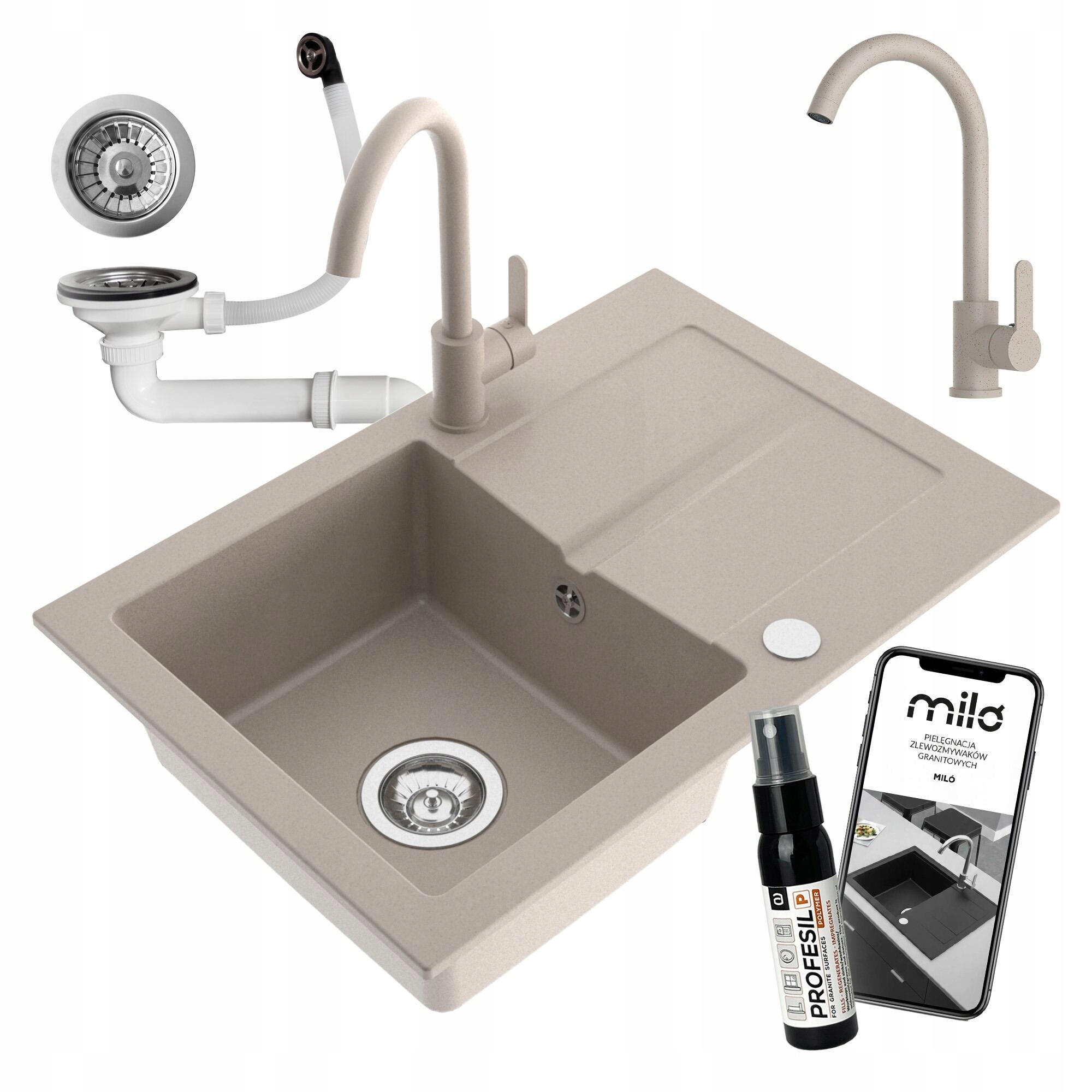 Granitový Drez Jednokomorový Miló First Sada Sifón Batéria
