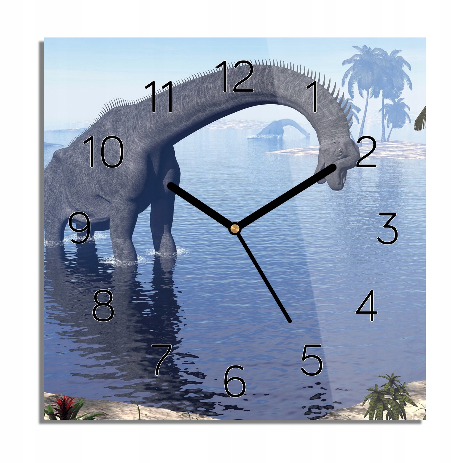 

Dinozaur w wodzie zegar szklany kwadratowy 30x30