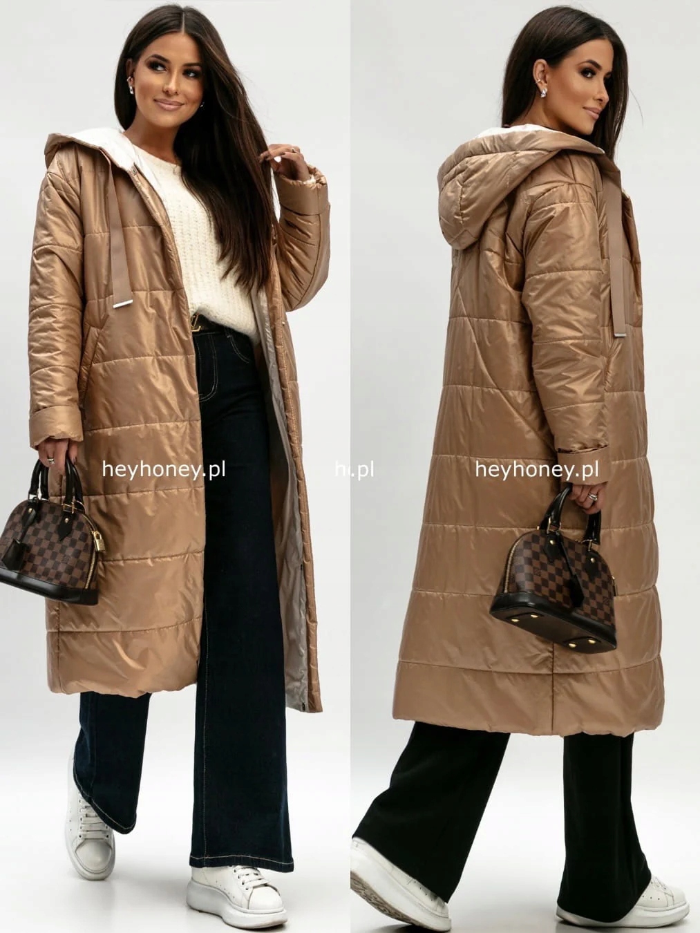 Bunda s prošíváním a kapucí dlouhá Tmavě béžová Clarity L
