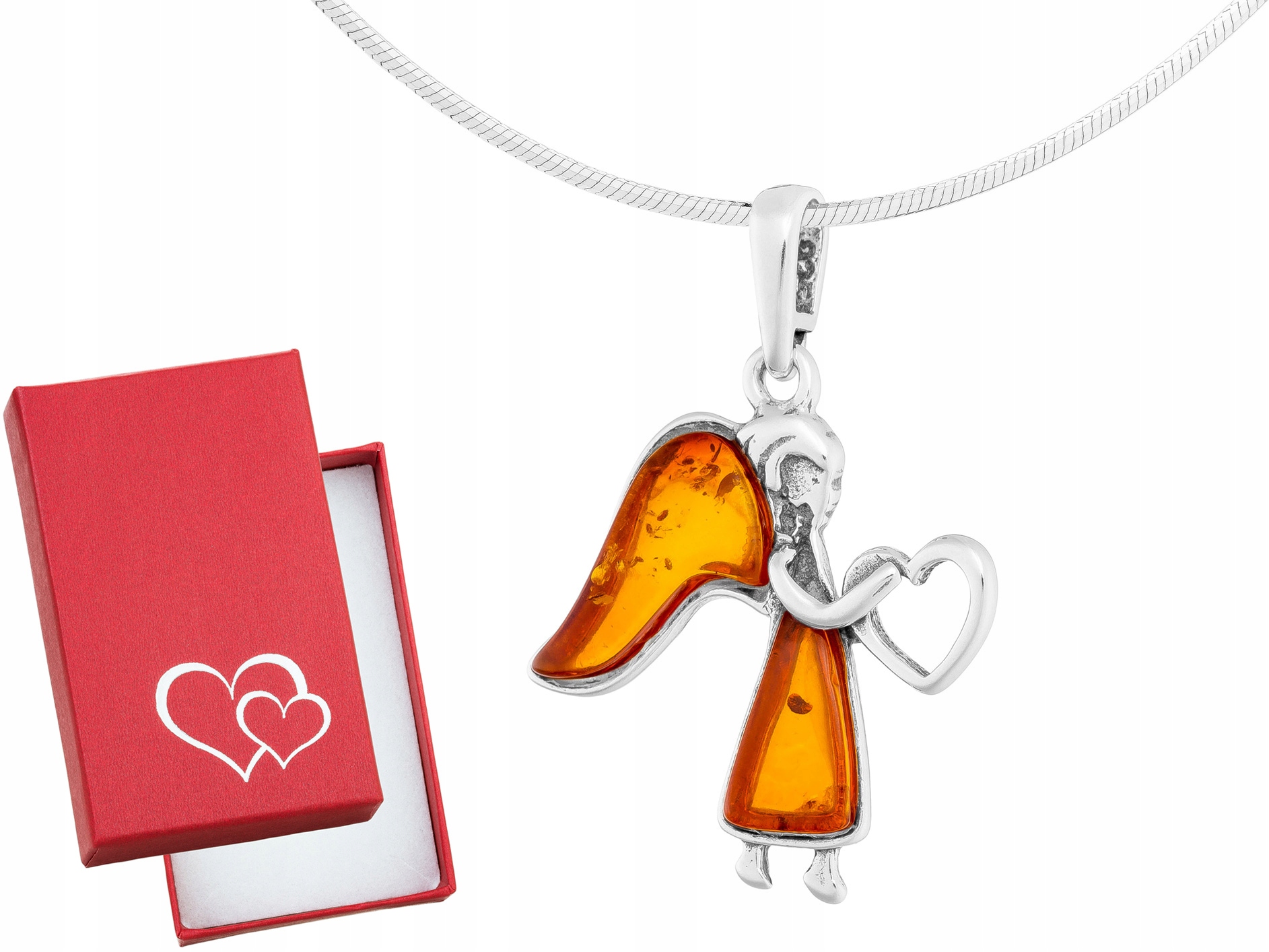 Dlouhý stříbrný náhrdelník Anděl s jantarem Srdce Anděl strážný Stříbro 80 cm