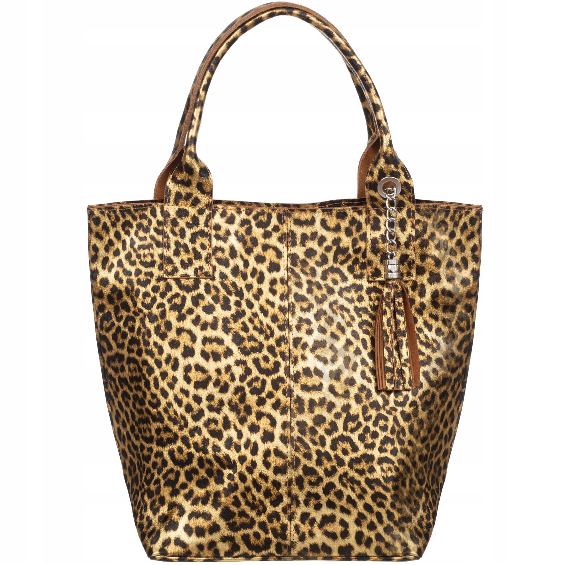 Vera Pelle torebka damska skórzana shopper w panterkę z saszetką Camel