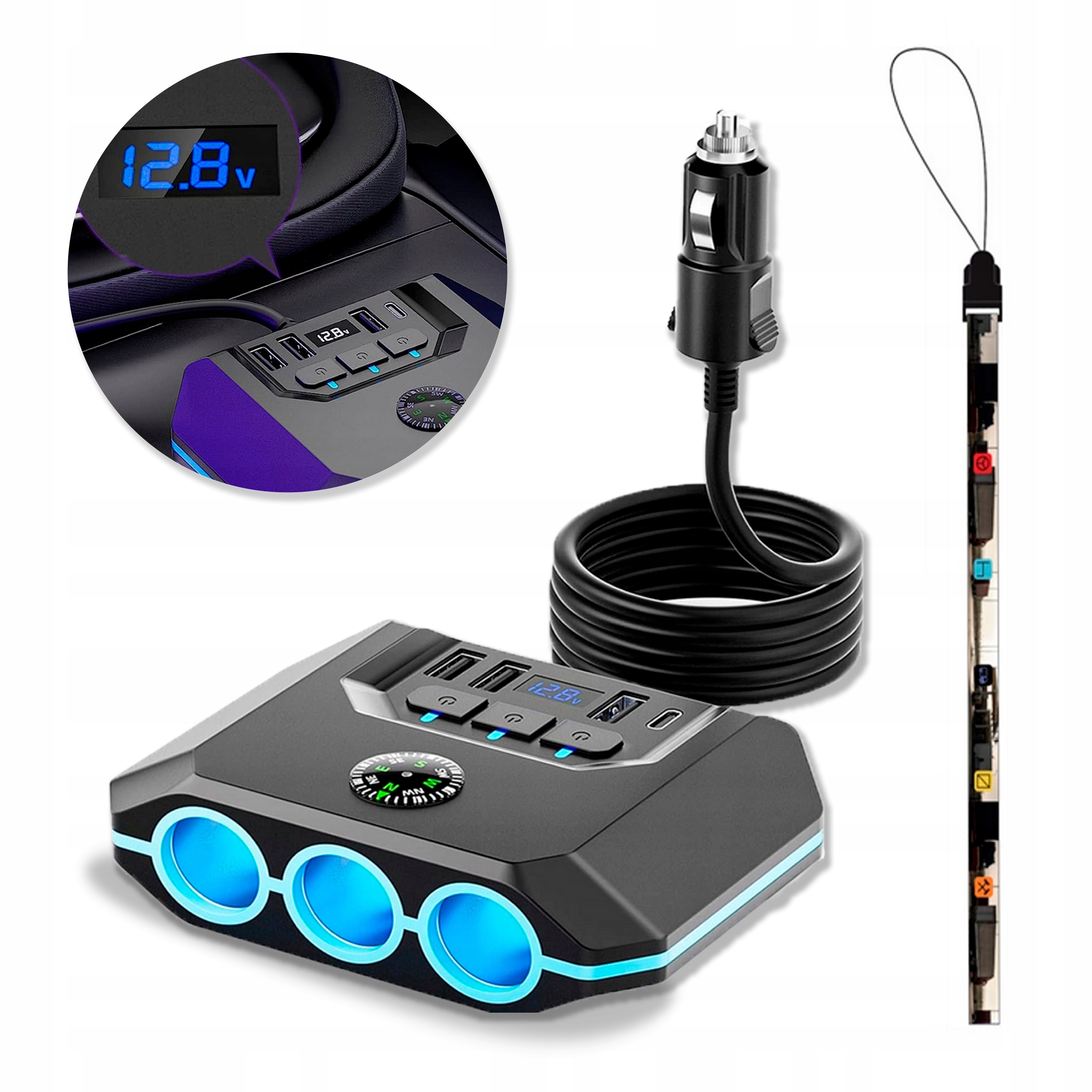 M.Tacho|Rozdělovač|3x zapalovač|3 x USB|1 x USB-C|Kompas|Blue|LCD Volt