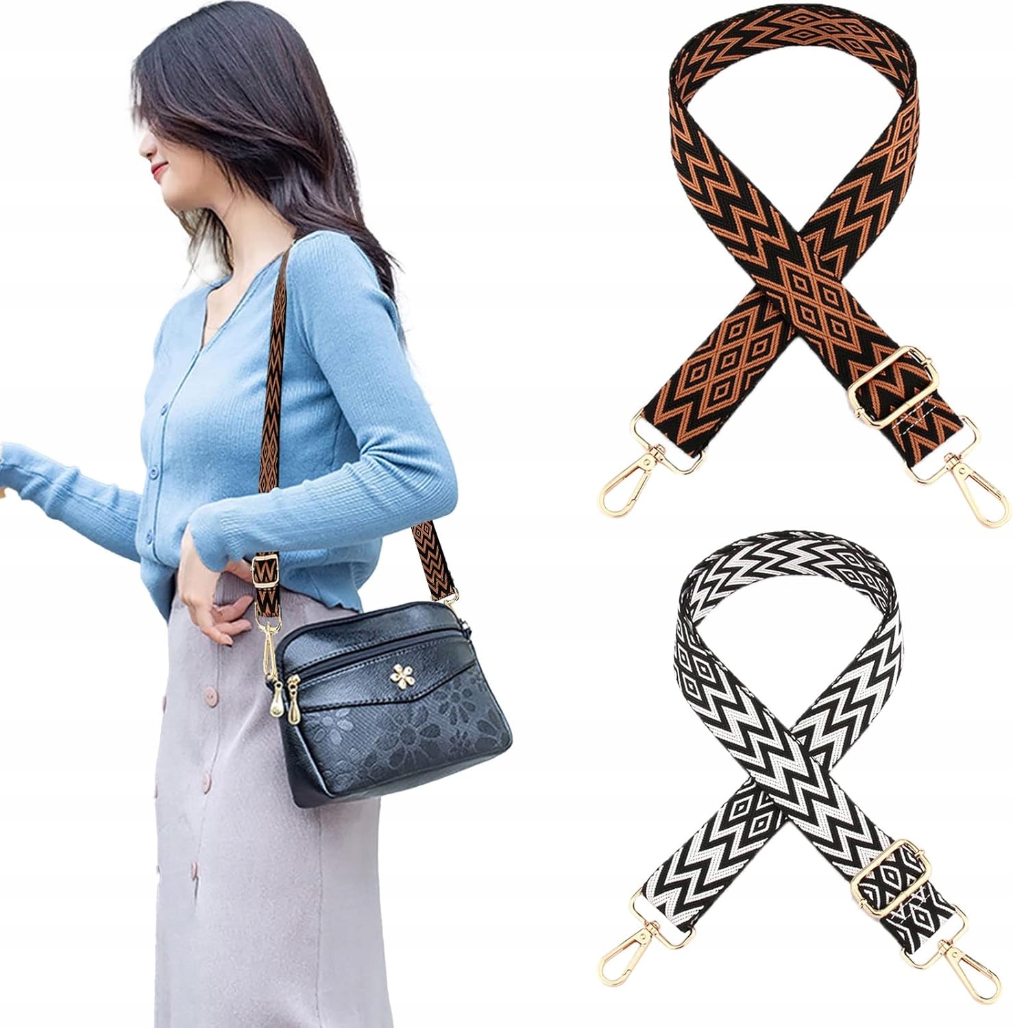 2x PASEK DO TOREBKI PARCIANY ZŁOTE OKUCIA CZARNY