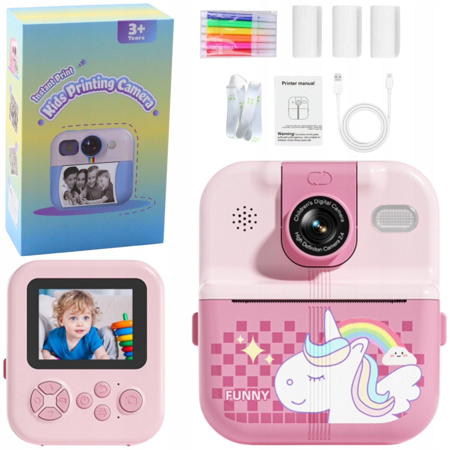 Aparat Natychmiastowy z Drukarką Termiczną Zestaw 3 Rolki Jednorożec Różowy