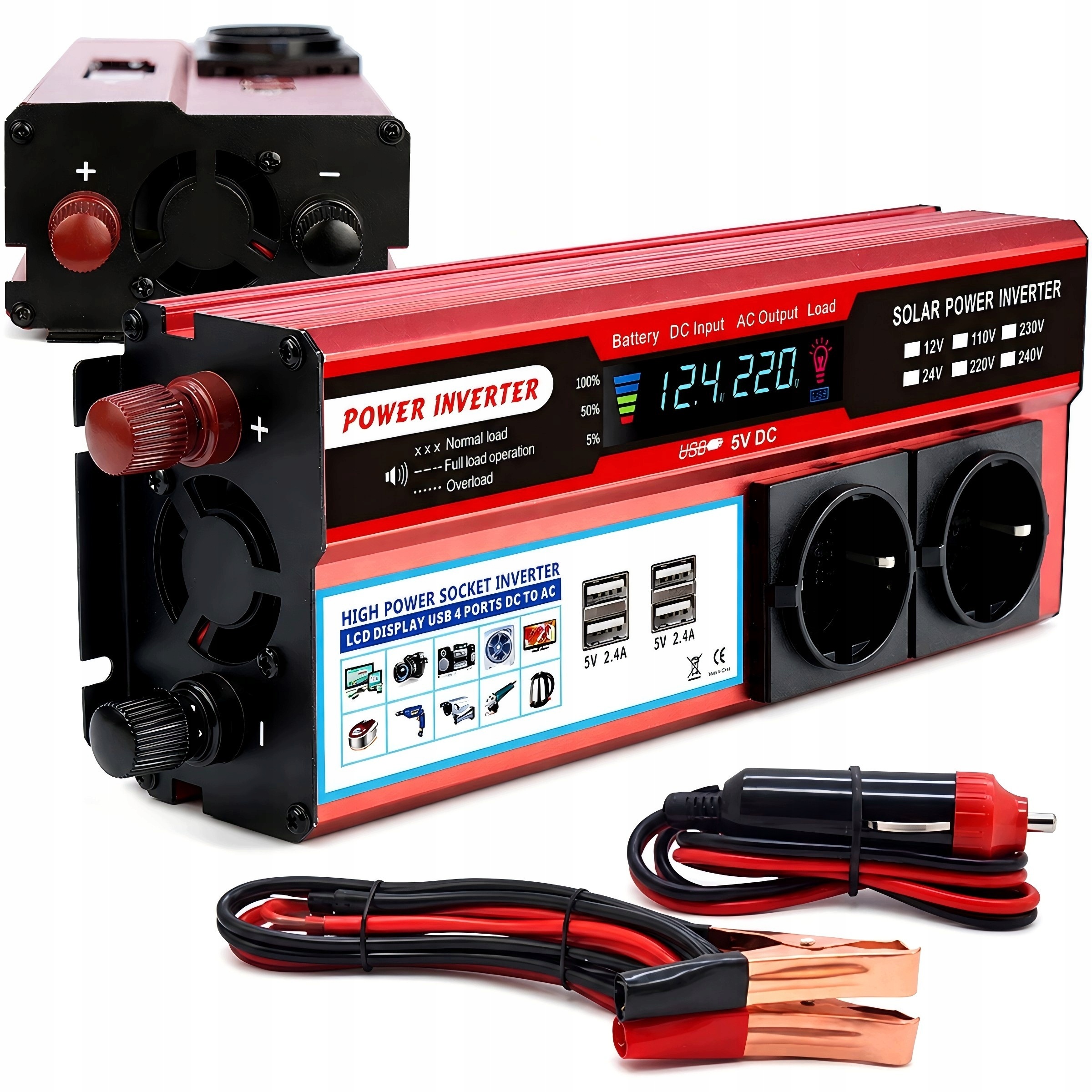 Měnič Napětí Automobilová 2000W 12V to 230V 4 Usb Led displej