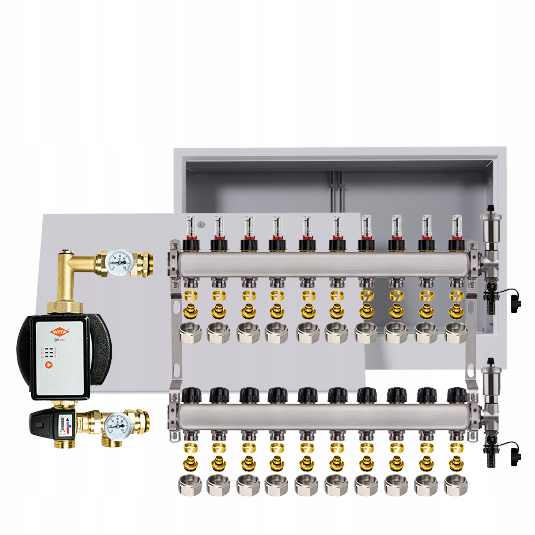 Rozdělovač pro podlahu 10 okruhů s čerpadlem Wita podomítková skříňka +pex