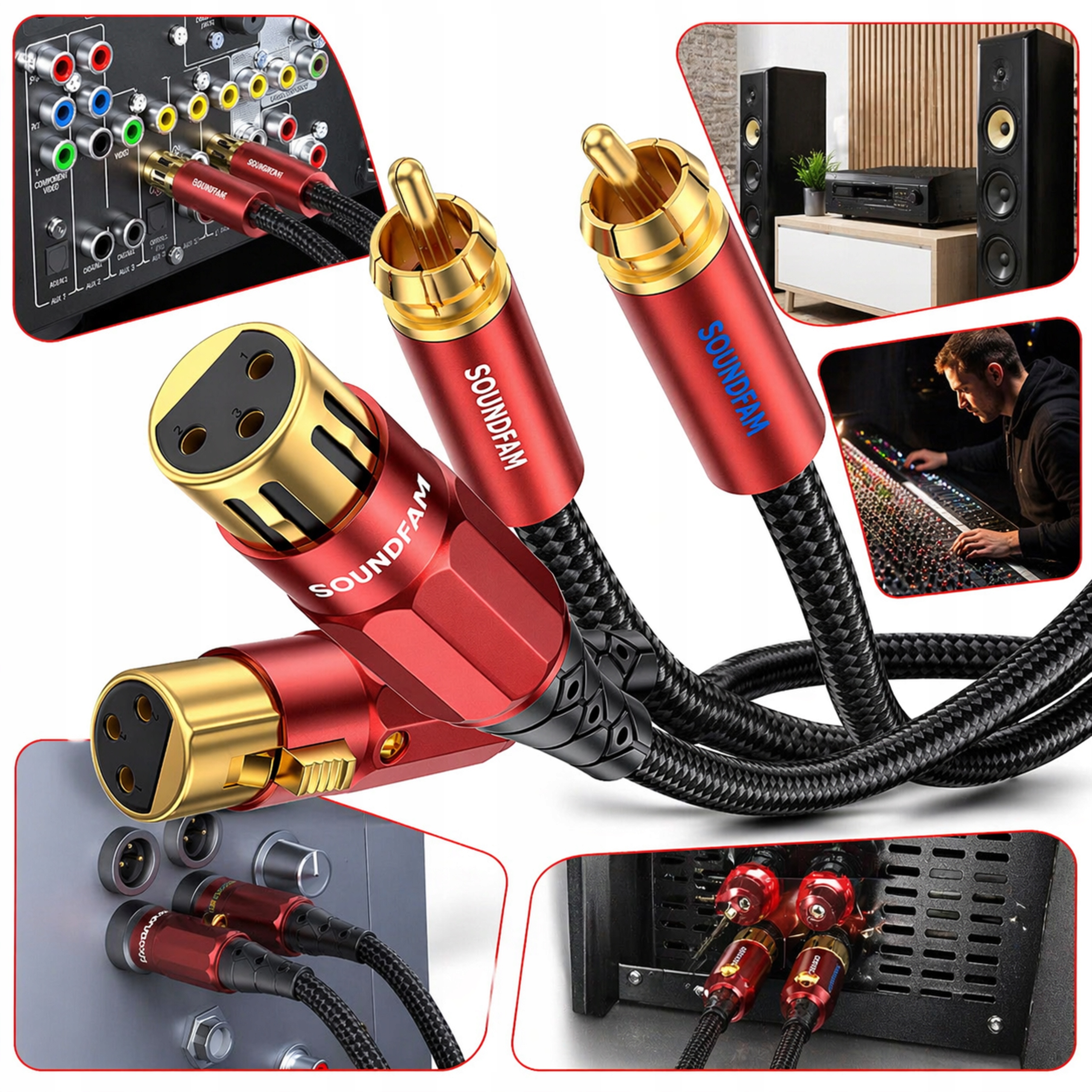 Kabel Audio 2x Xlr Żeński Do 2x Rca Męski 2m Czerwony Ofc Do Konsoli Dj