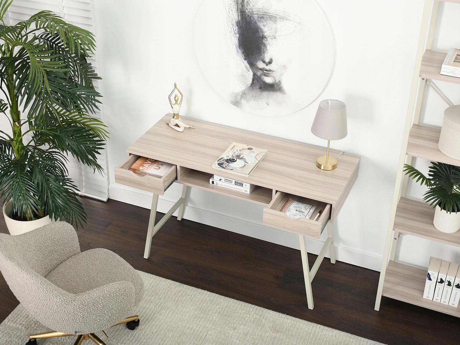 ELEGANCKIE BIURKO Z DWIEMA SZUFLADAMI GAVLE JESION BEŻ NA KREMOWYM STELAŻU Kolekcja Gavle