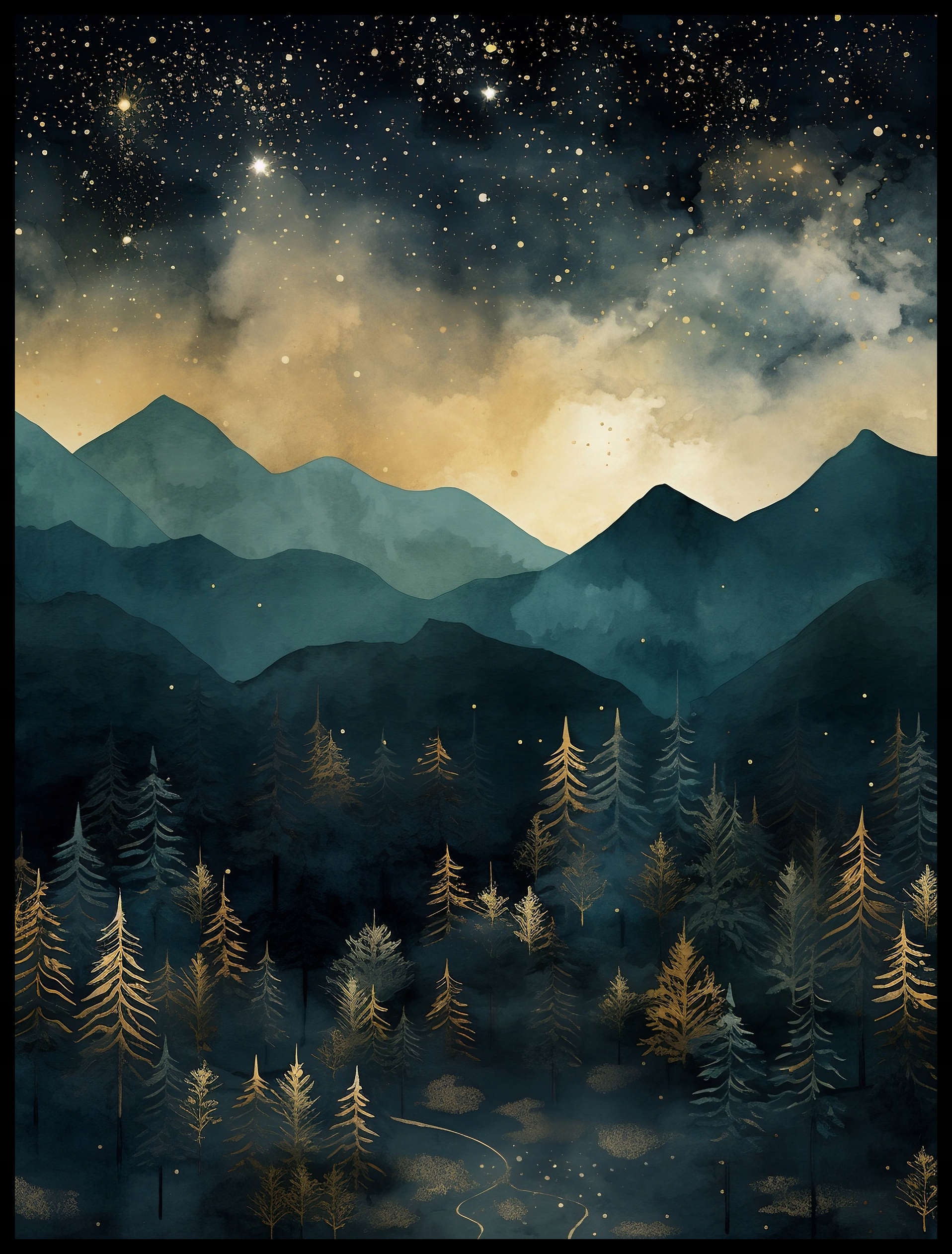 Plakat na Ścianę Obraz Krajobraz Góry Złota Noc 40x50 cm Premium ElliveX