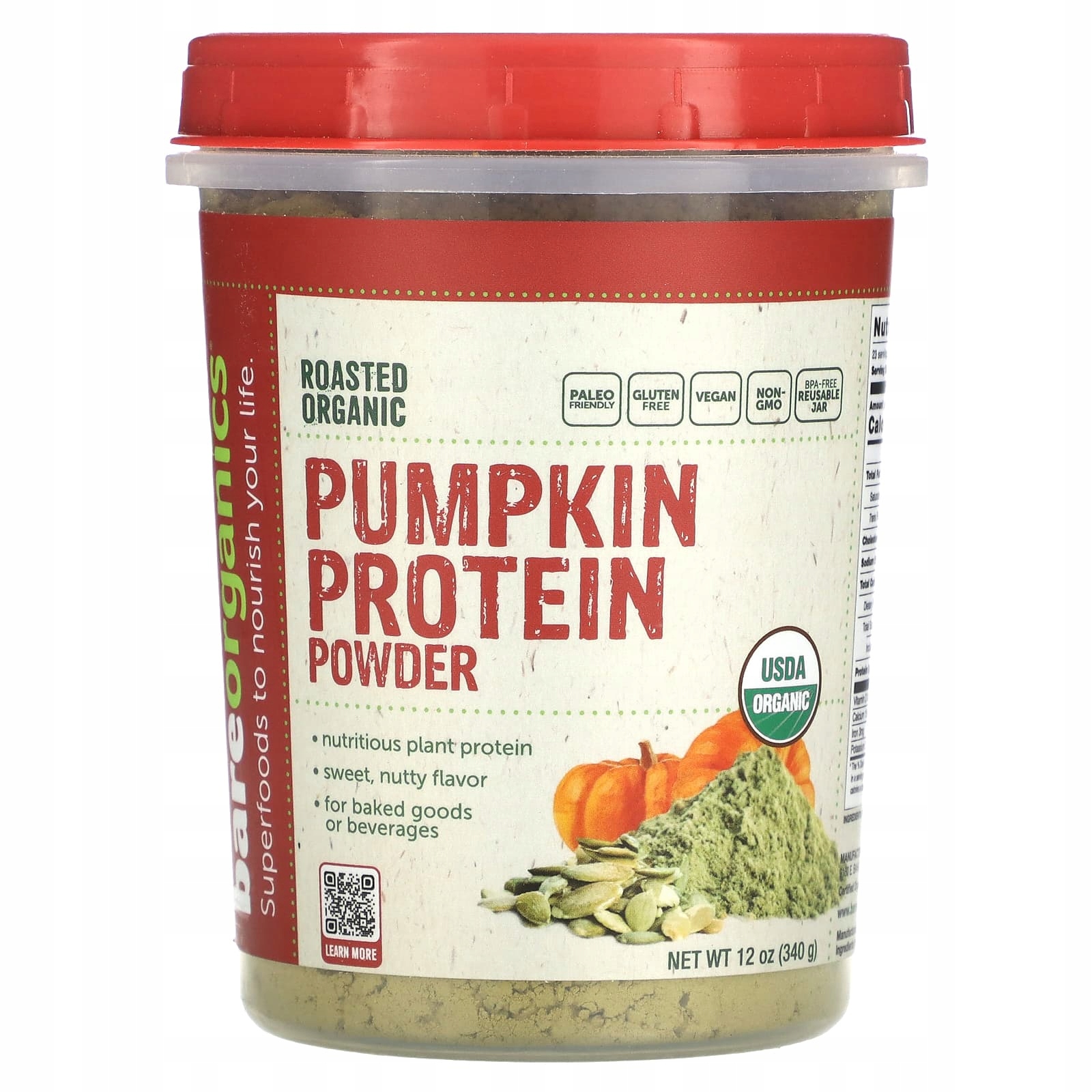 BareOrganics, Protein s praženou organickou dýní v prášku, 340 g
