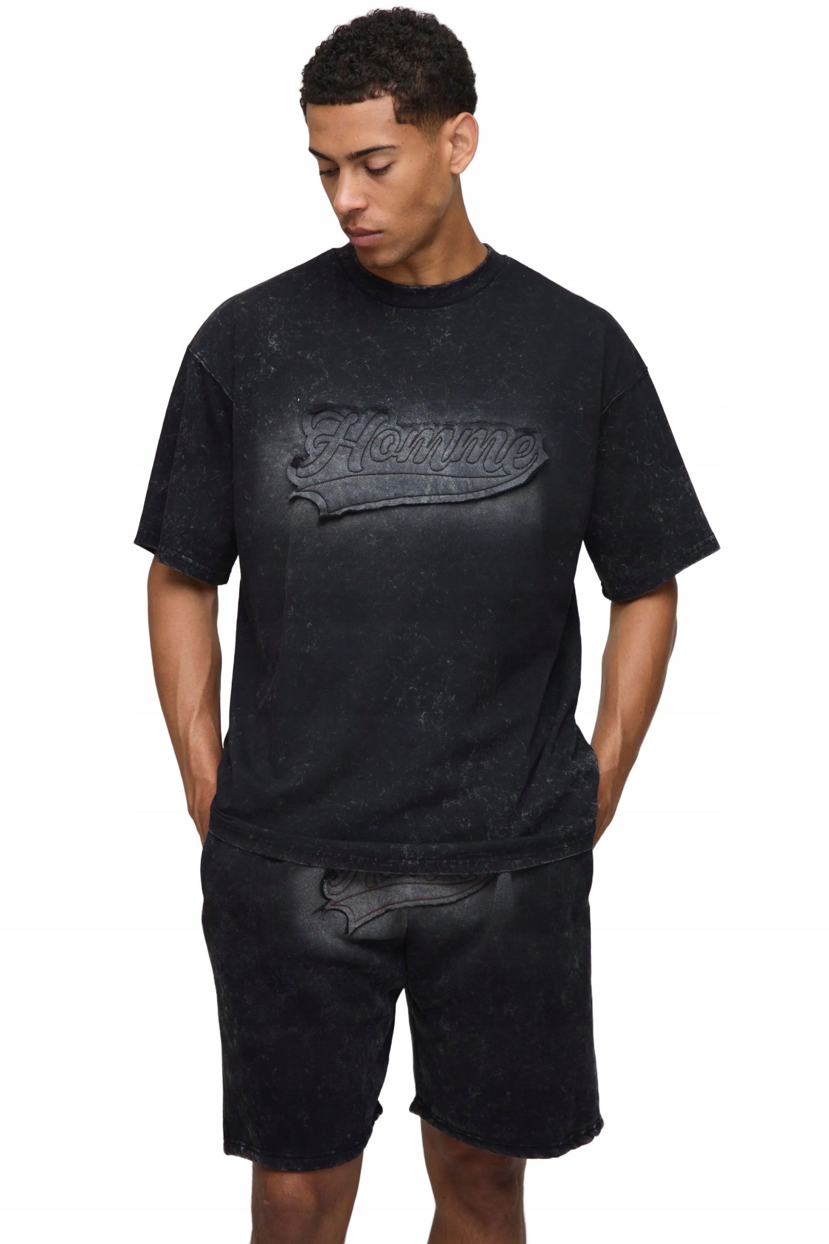 Boohooman Černý Pánský Komplet S Nápisem Homme A Melírovanou Texturou Z3A