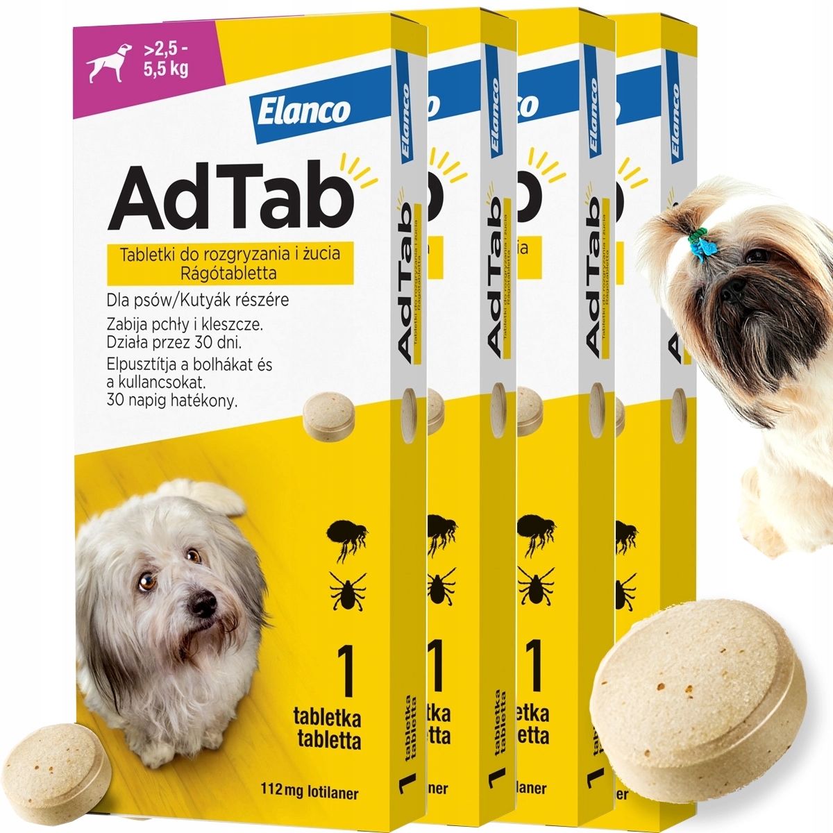 4 x Tabletka Ad tab dla Psa do 5 Kg na Kleszcze Pasożyty 112 mg na 120 Dni