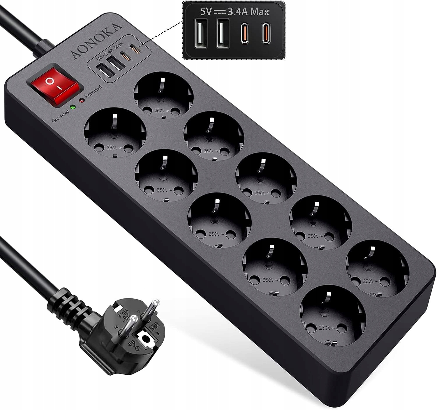 Napájecí Protipřepěťová Lišta 14v1 4000 W Ochranná 10 Zásuvek 4 Usb