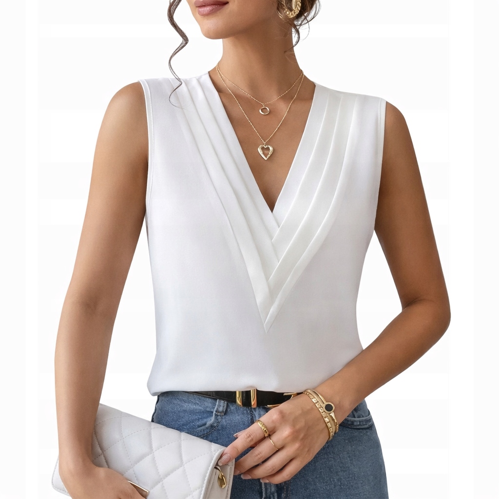 damska biała bluzka z dekoltem w literę V bez rękawków