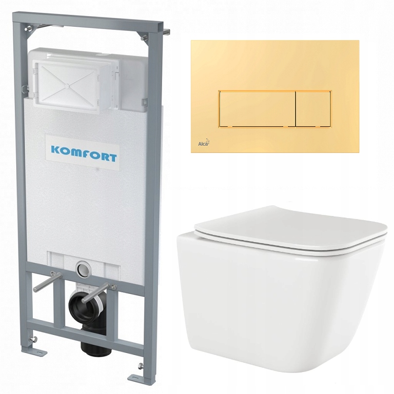 ALCAPLAST KOMFORT C201 zestaw stelaż+miska PAROS+przycisk M575 złoty