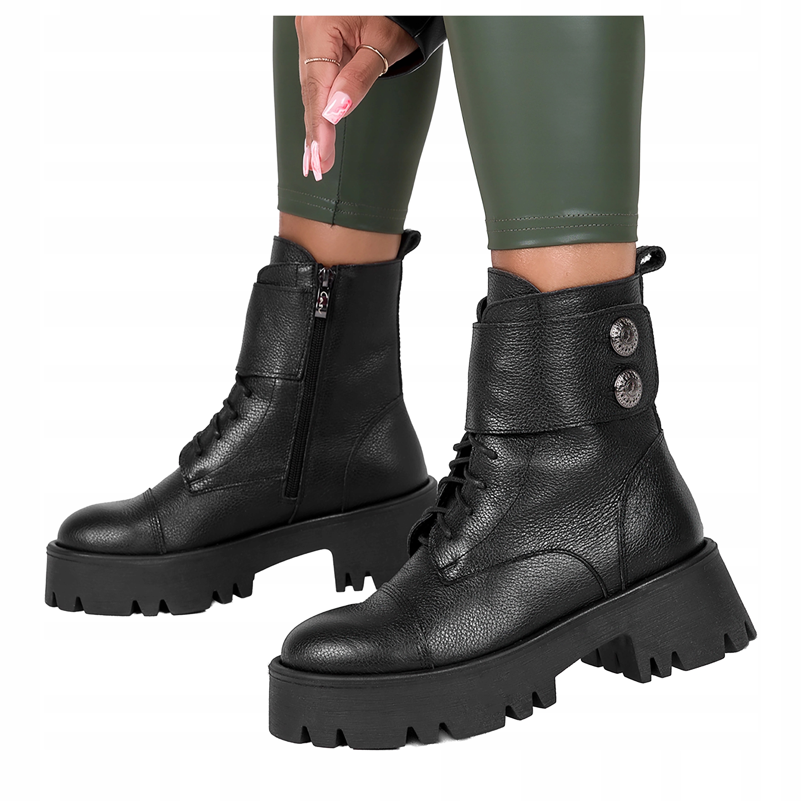 Kotníkové Boty Černé Dámské Na Platformě Trapery Šněrované Kožené Polské r 39