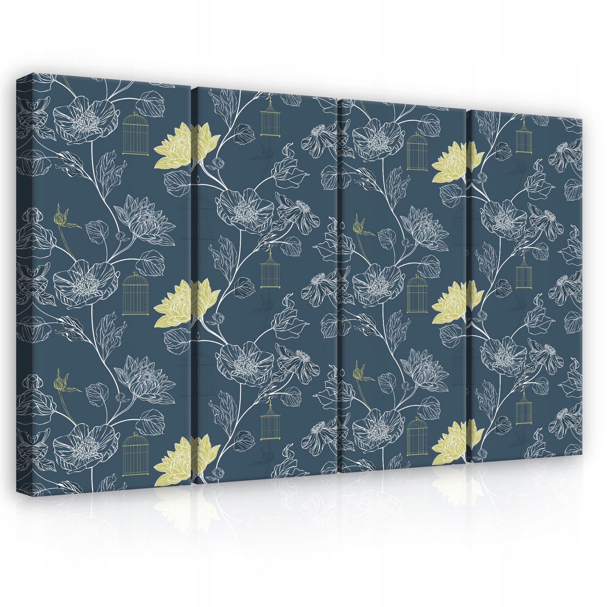 Obraz 120x80 modulárny kvety klietky vtákov tmavomodrý biely žltý elegantný