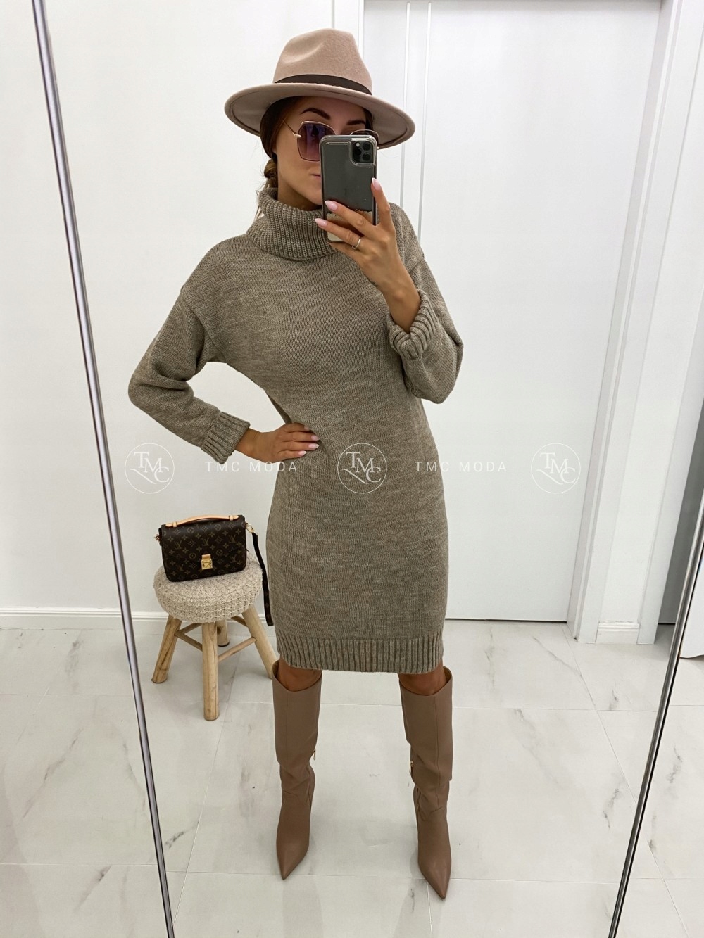 Sukienka sweterkowa z golfem mokka Marka inna