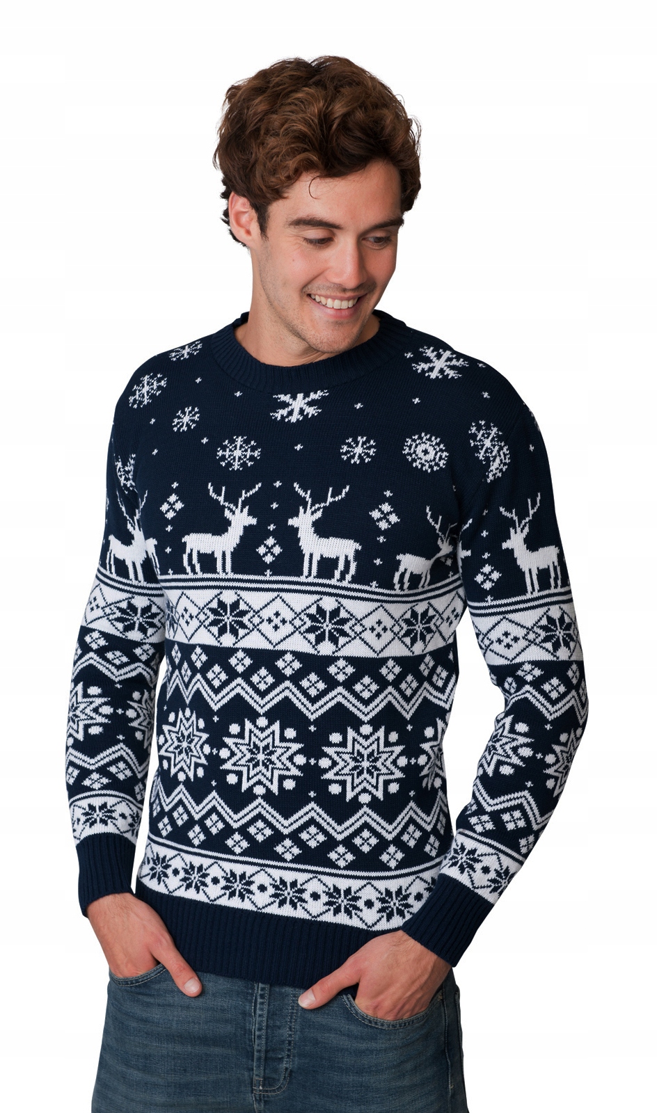 NORWESKI SWETER ŚWIĄTECZNY RENIFERY GRANATOWY 3XL Dekolt okrągły