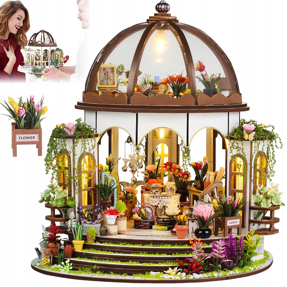 Miniaturowy Domek Diy Puzzle 3D Kwiaciarnia Drewniany Model Led Z Meblami