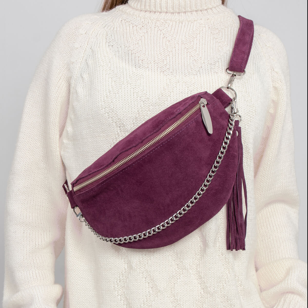 CrossBody kabelka Ledvinka Semišová kůže s třásněmi Grape Fialová Belveder