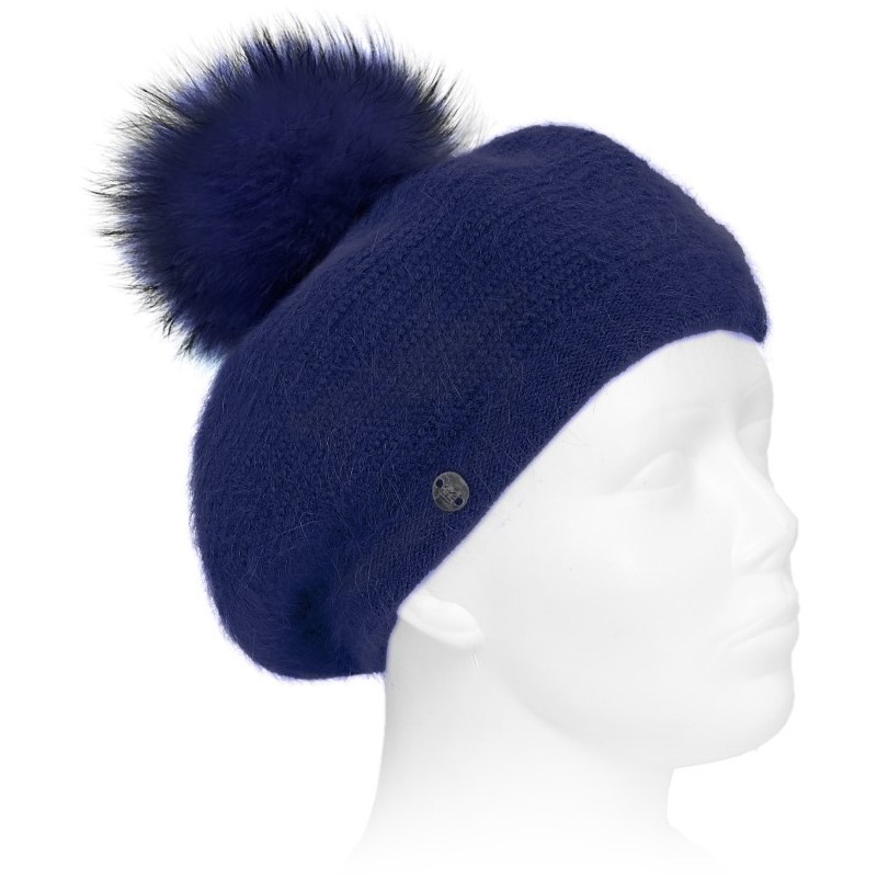 Dámská baretová Čepice s přírodní bambulkou, vlněná s angorskou Námořnická Modrá Jenot Pl