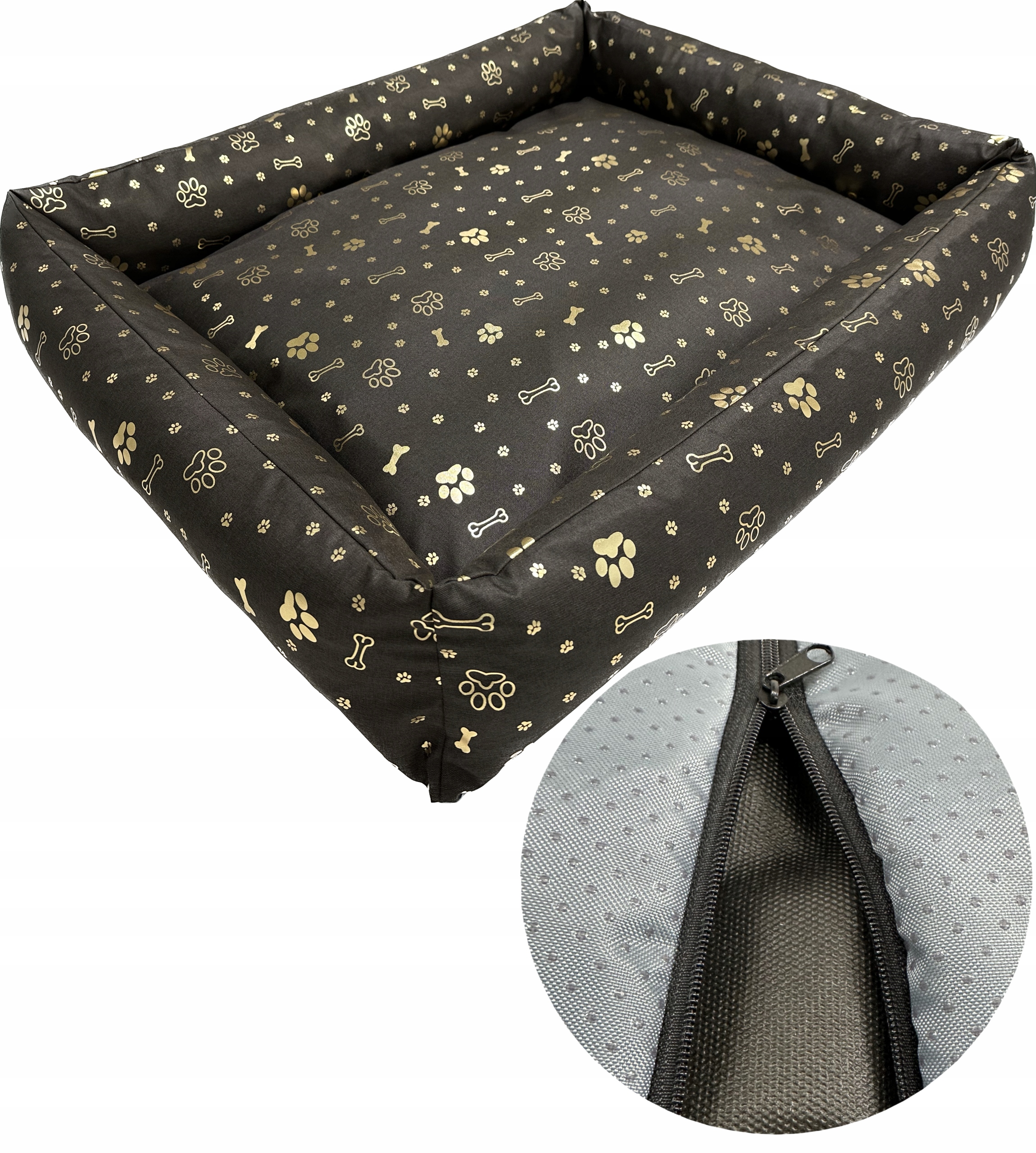 Legowisko dla psa 100x75 rozbieralne boki wodoodporne pokrowiec złote łapki