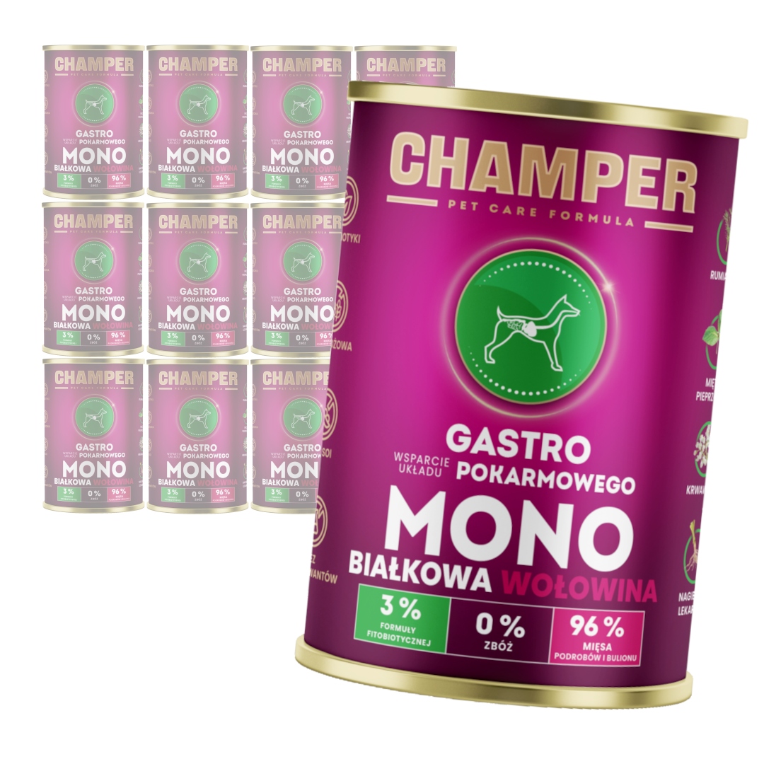 Levně Champer Gastro 12x400g Monoproteinové Vlhké Krmivo pro psy s hovězím masem
