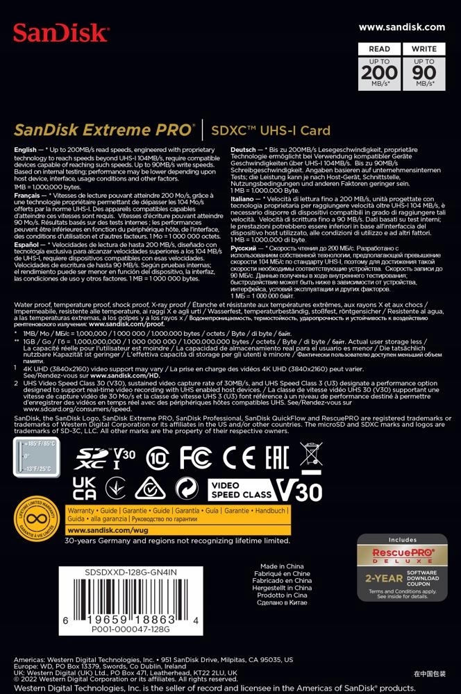 Karta pamięci SANDISK EXTREME PRO 128GB SDXC 200MB/s V30 Producent SanDisk