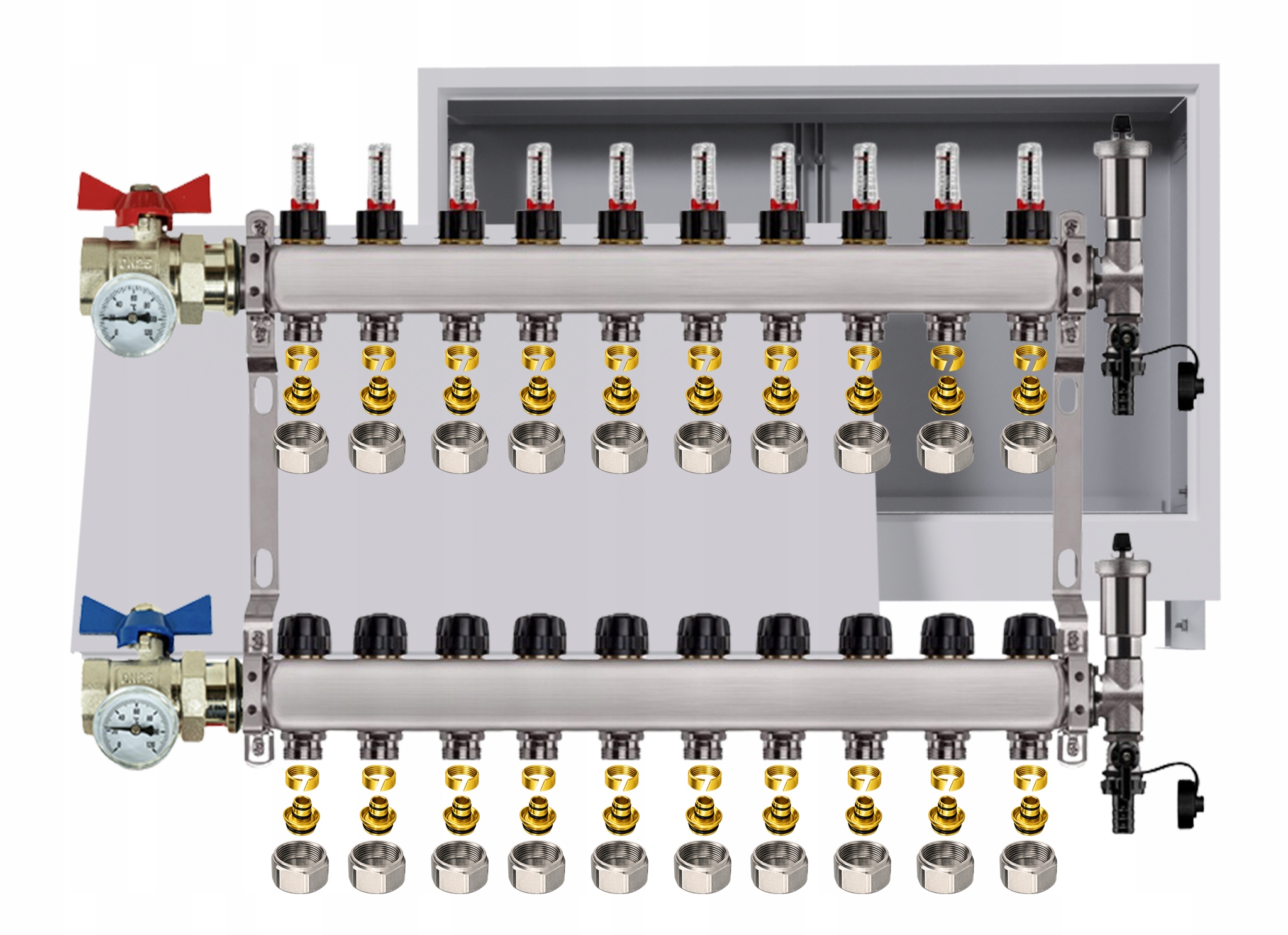Rozdělovač nerezový Podlahovky 10 okruhů Podomítková skříňka Pex