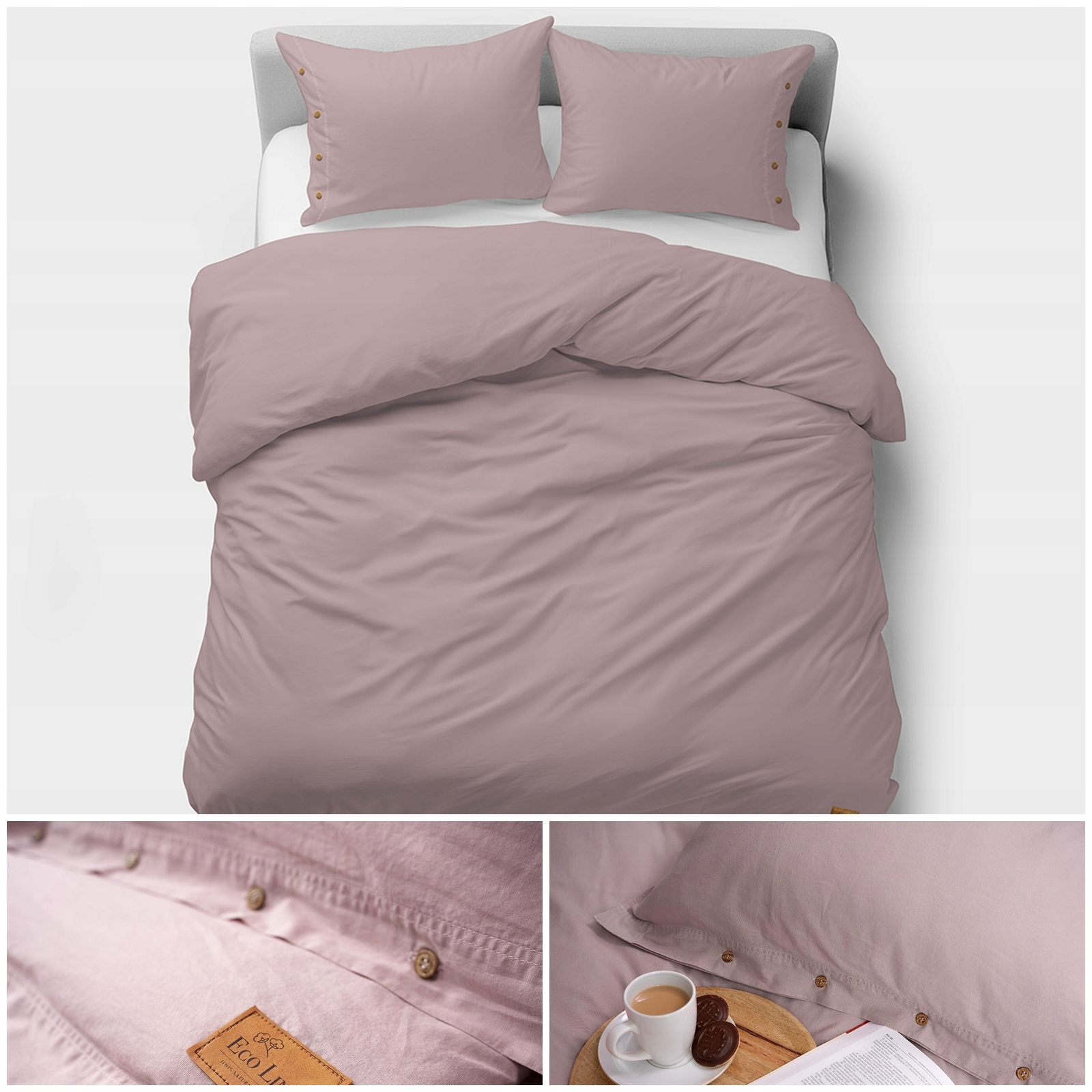 Pościel 160x200cm 100% Bawełna Pure Eco Line ozdobny Guzik Różowa Pudrowa