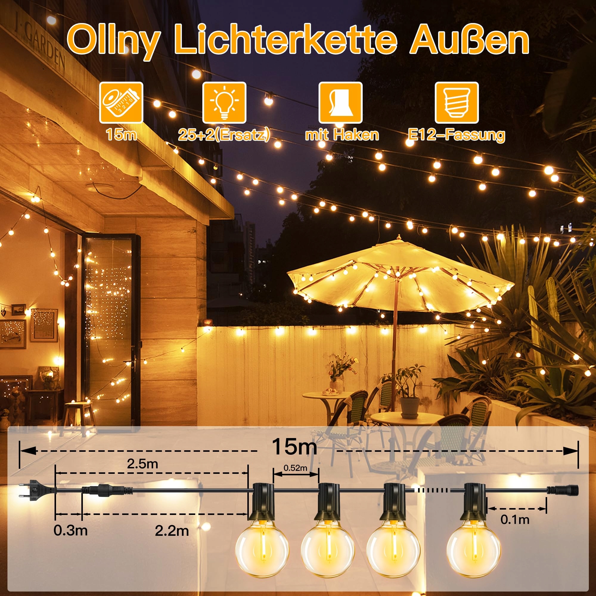 OLLNY Lampki Zewnętrzne Girlanda 15M LED Wodoodporna Do Ogrodu Tarasu — miniatura 2