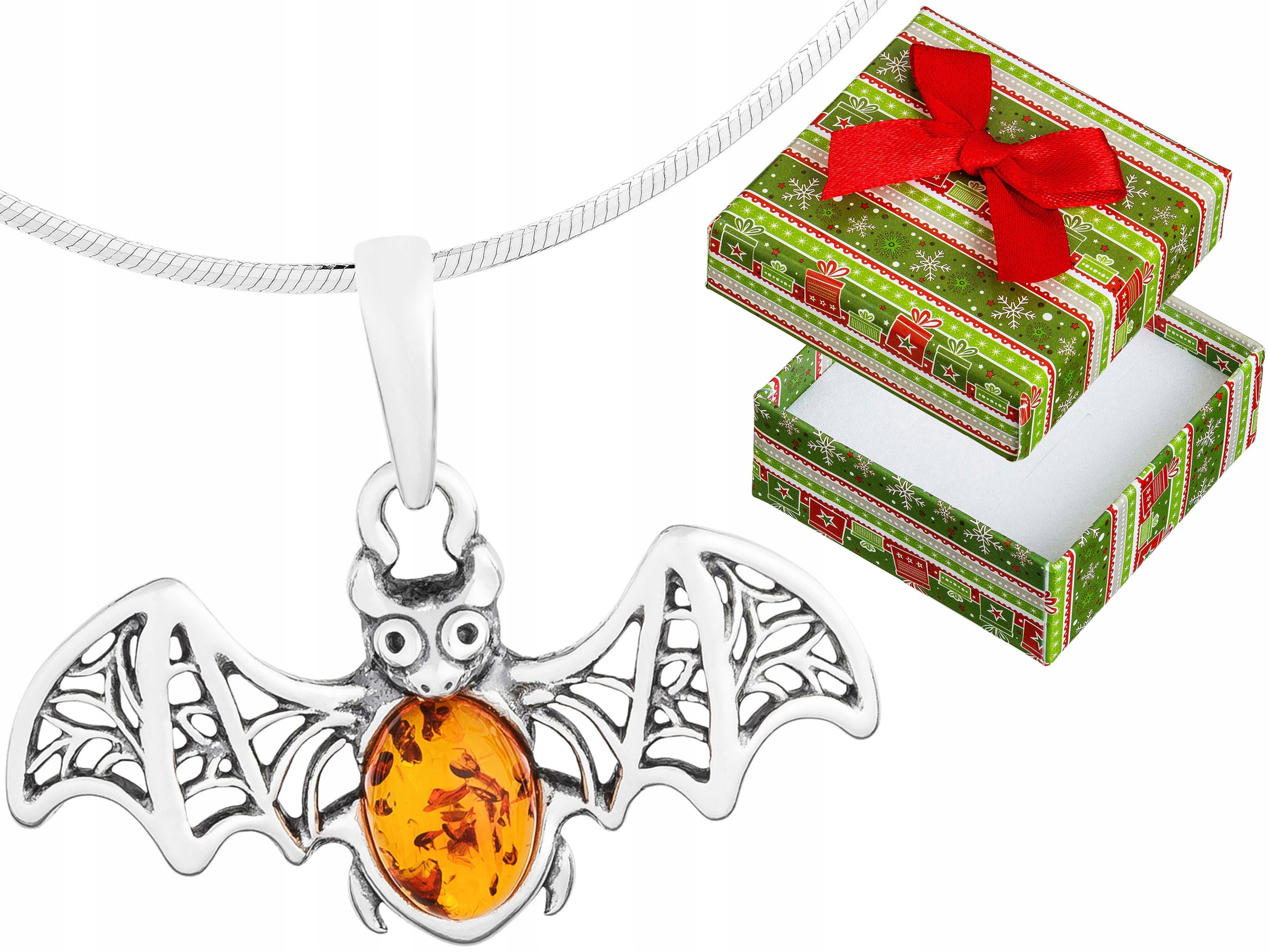 Ažurový netopýr s jantarem Stříbrný náhrdelník Oxidovaný Řetízek 55 cm