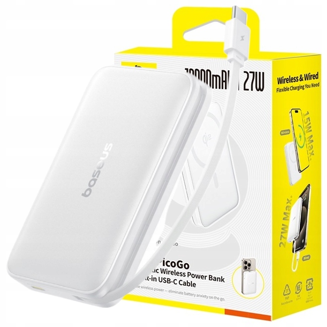 Baseus Magnetická Powerbanka QI2 10000MAH 27W Usb-c Vestavěný Vysokorychlostní Kabel