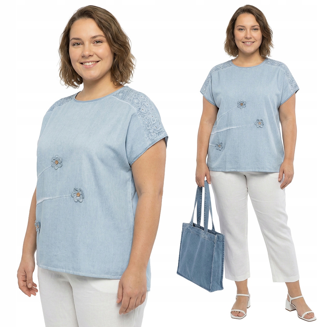 Błękitna bluzka ozdobne kwiaty plus size rozmiar 54