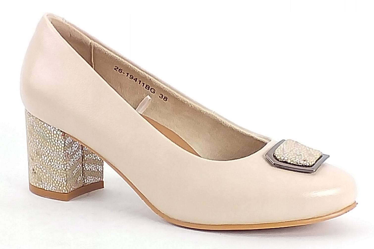 Półbuty Potocki 26-19411 Damskie Stabilne Na Słupku Skórzane Beżowe 38