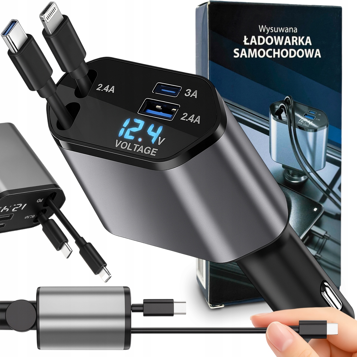 Szybka Ładowarka Samochodowa Do Telefonu 4w1 Wysuwana Kabel Usb-c Lightning