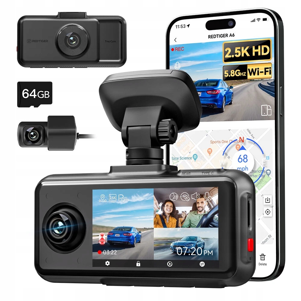 Autokamera Redtiger A6, 3-kanálová, 64GB, dotykový displej, Gps