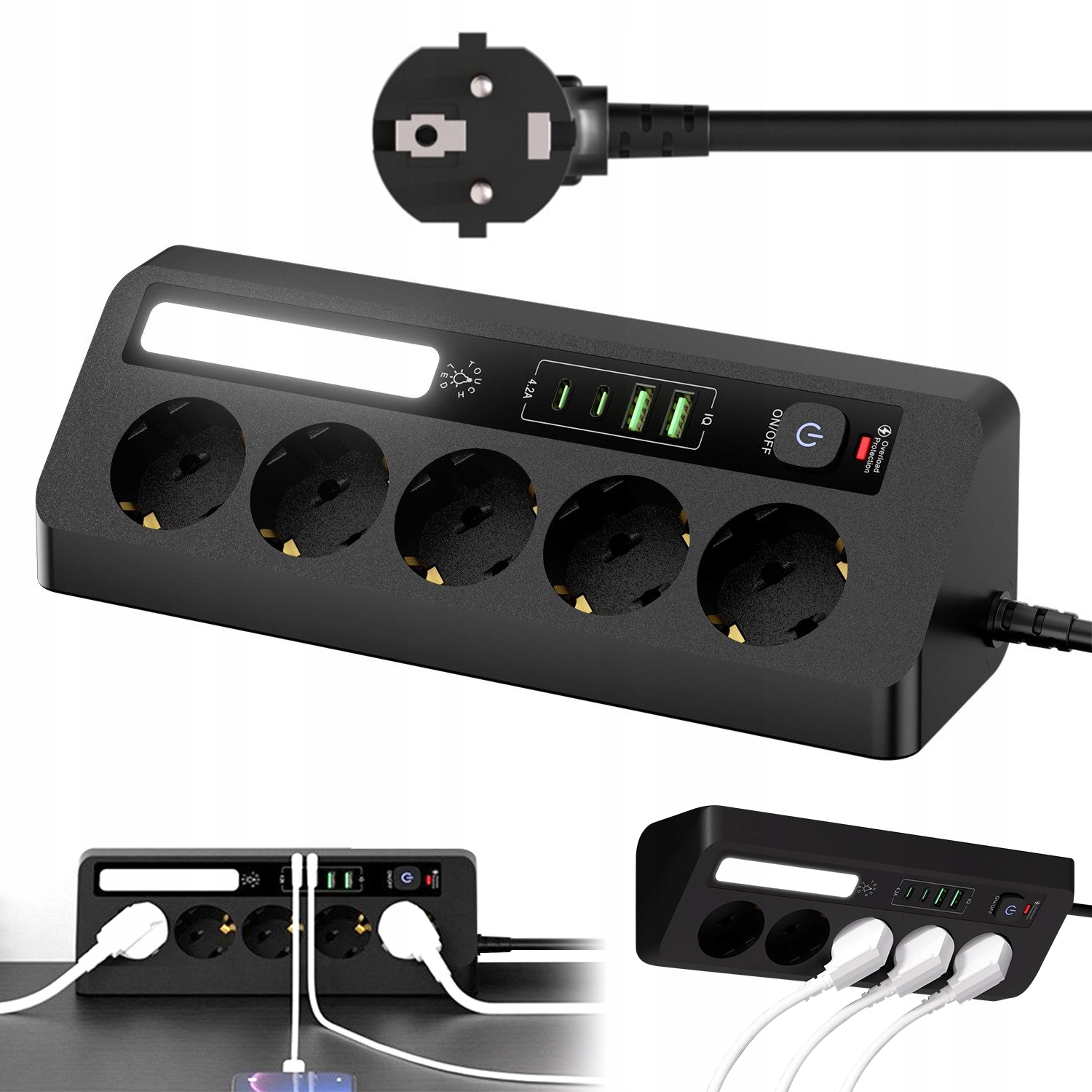 Prodlužovací Kabel Zásuvková Lišta Vypínač Černý 4 Usb 5 Zásuvek 1.8 m