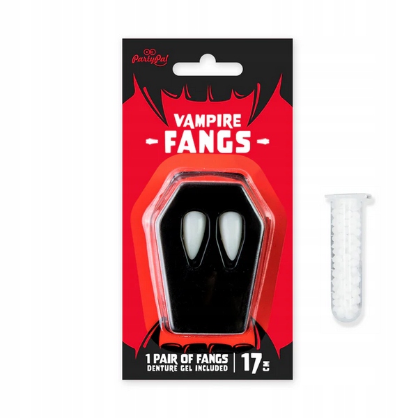 KŁY WAMPIRA DŁUGIE 17MM HALLOWEEN Z KLEJEM WAMPIR DRAKULA CHARAKTERYZACJA