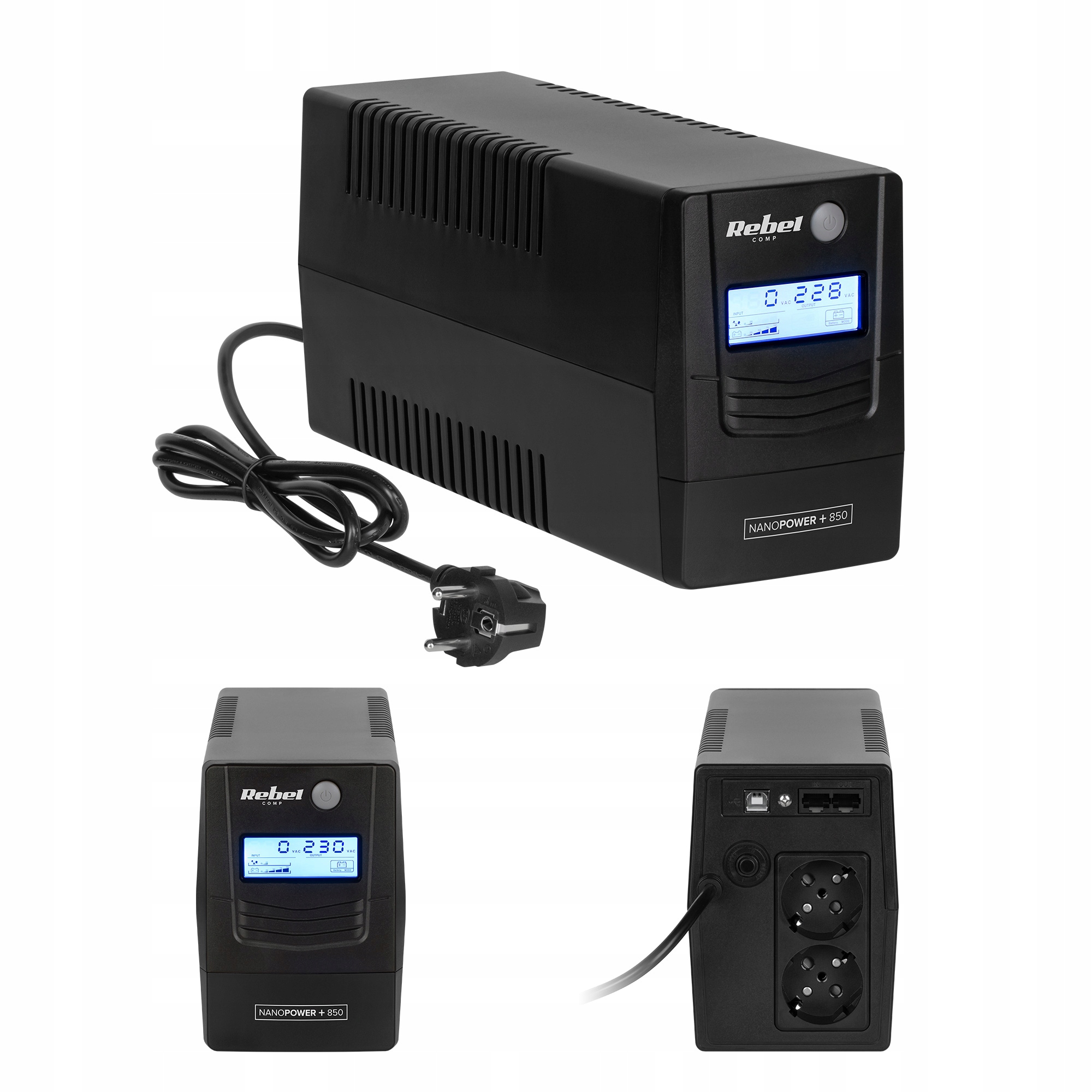 Zasilacz awaryjny komputerowy Ups Rebel Plus 850VA/480W LCD Usb RJ45