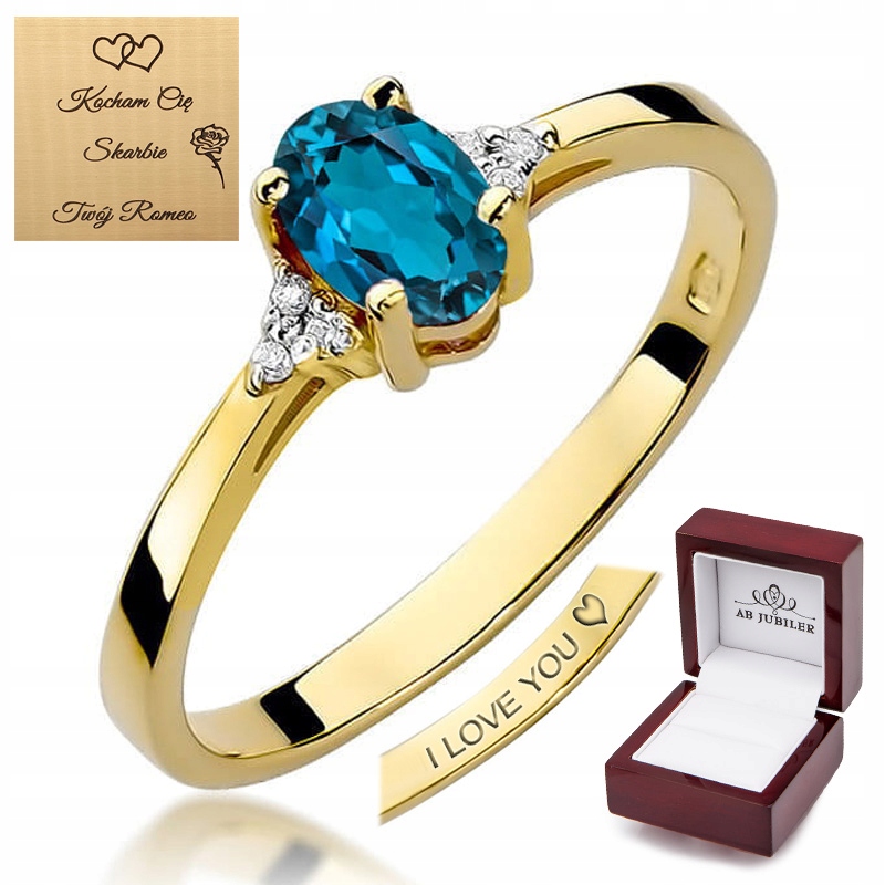 Złoty Pierścionek Topaz London Blue Brylant pr 585
