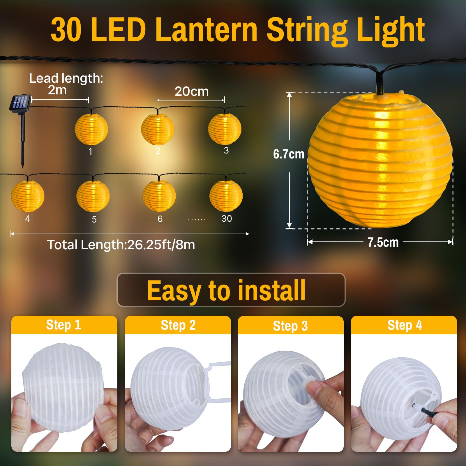 SOLAR LAMPIONY LED 8M 30 LAMPKI SOLARNE IP65 DO OGRODU BALKONU TARASU — miniatura 6